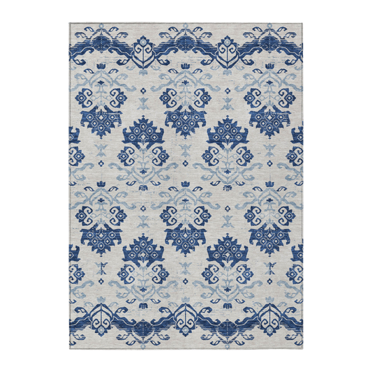 8' X 10' Navy Blue Beige And Denim Blue Oriental Washable Indoor Outdoor Area Rug