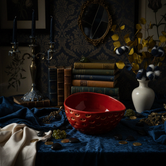 Darkly lit room with a red bowl, books, and decorative elements on a blue cloth.