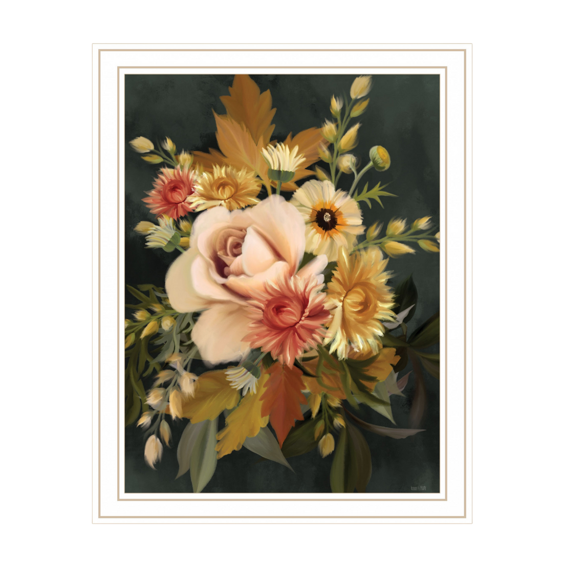 Floral artwork on a dark wall with decorative items on a table.