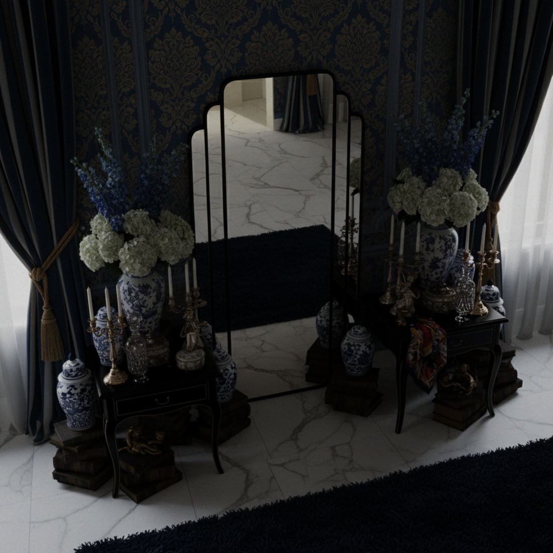 Decorative setup with vases, flowers, and a mirror in a room with dark curtains.