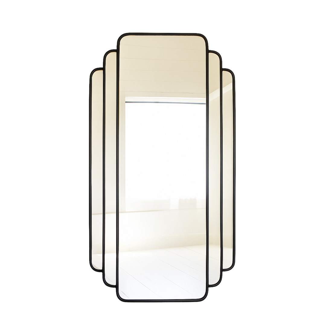 Decorative setup with vases, flowers, and a mirror in a room with dark curtains.