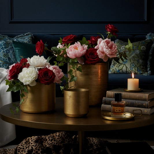 Decorative table setting with flowers, candles, and books in a cozy room.