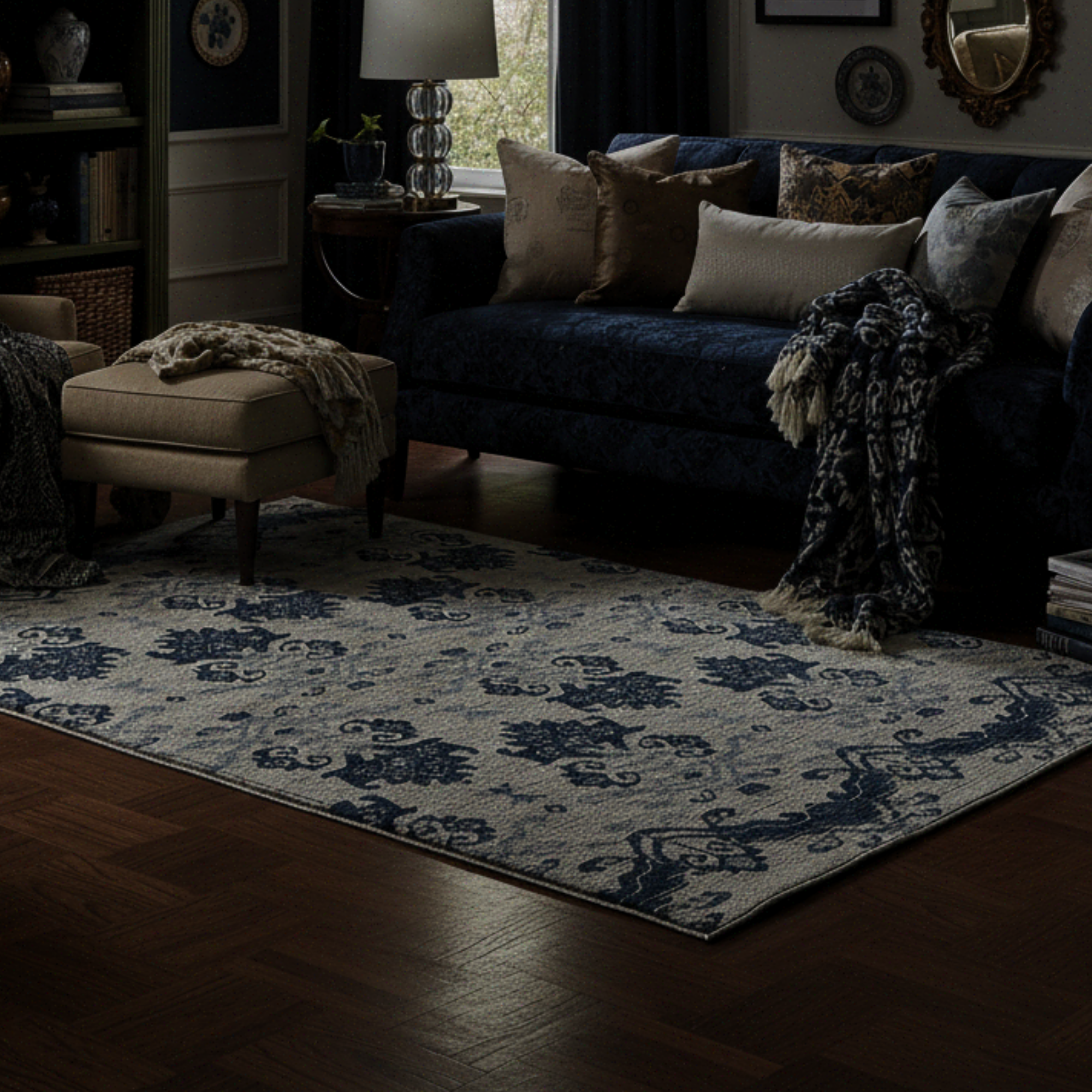 8' X 10' Navy Blue Beige And Denim Blue Oriental Washable Indoor Outdoor Area Rug