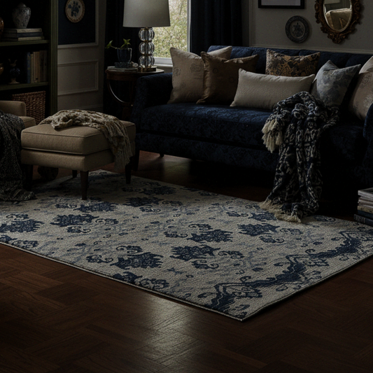 8' X 10' Navy Blue Beige And Denim Blue Oriental Washable Indoor Outdoor Area Rug