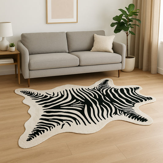 Zebra print rug on a wooden floor in a living room setting with a sofa and decor.