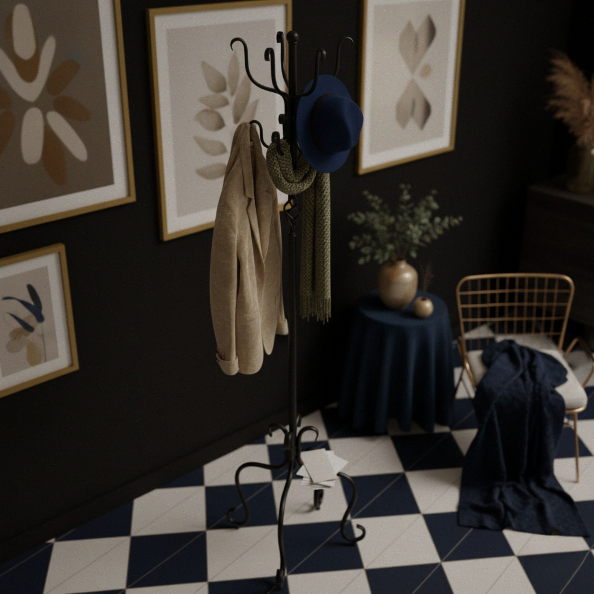 Room interior with coat rack, framed artwork, and checkered floor.