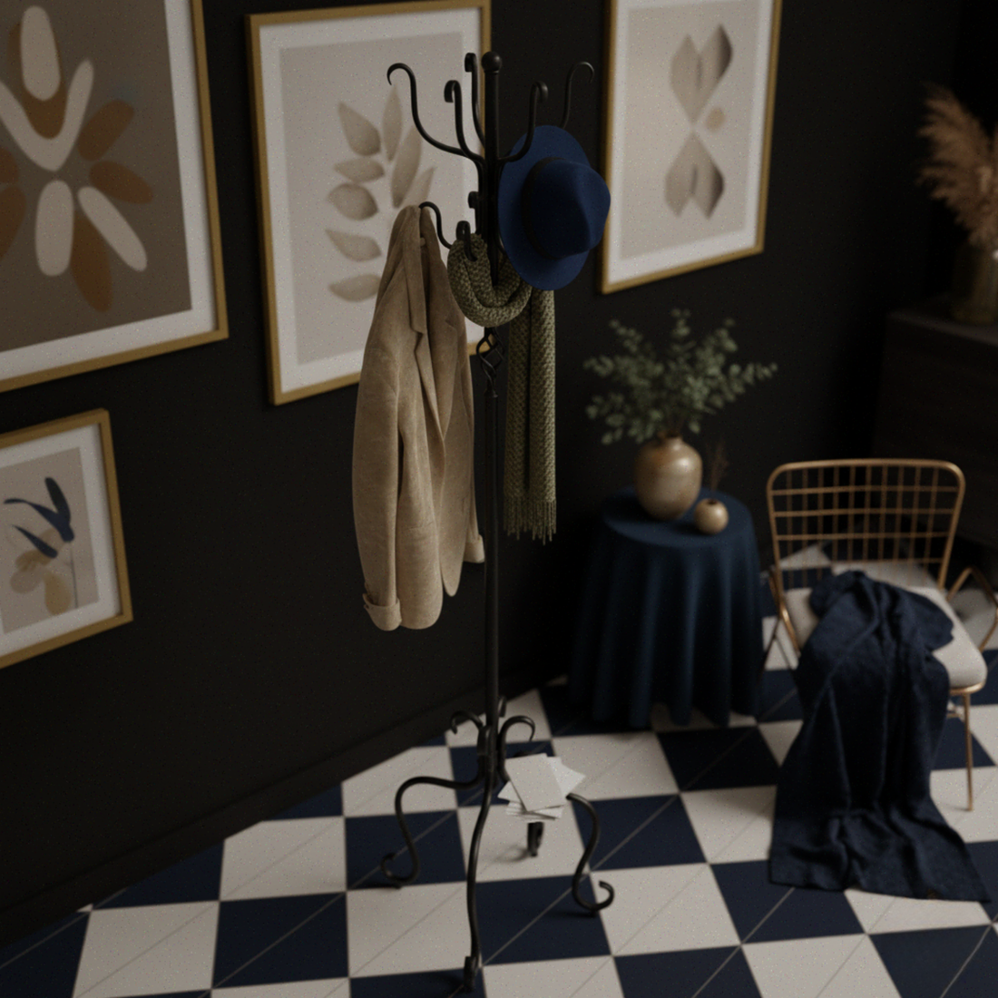 Room interior with coat rack, framed artwork, and checkered floor.