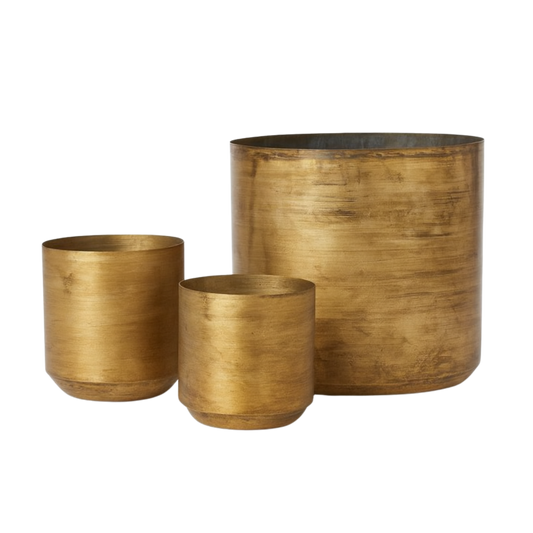 Set of 4 Metal Flower Pots \ Aged Brass Finish