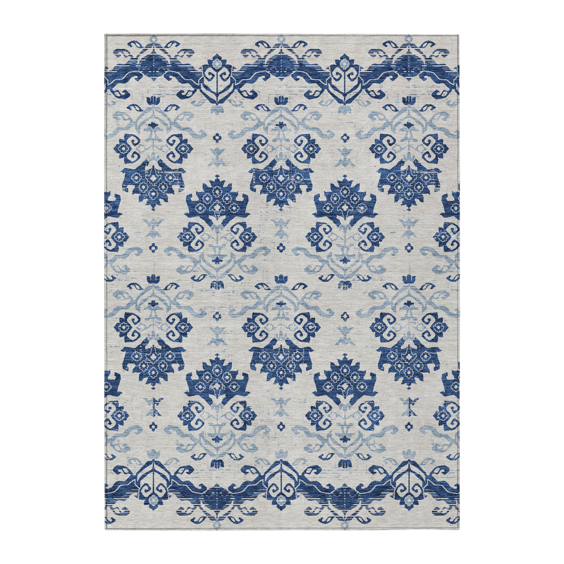 8' X 10' Navy Blue Beige And Denim Blue Oriental Washable Indoor Outdoor Area Rug