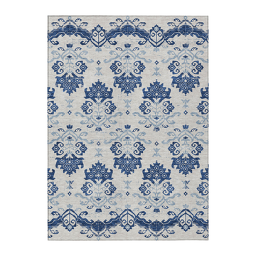 Rug with blue and gray geometric pattern on a white background