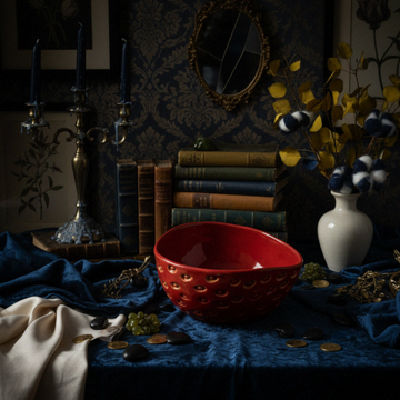 Darkly lit room with a red bowl, books, and decorative elements on a blue cloth.