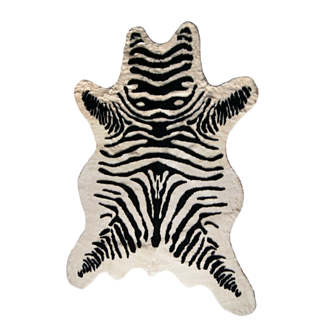 Zebra print rug in a dimly lit room with furniture.