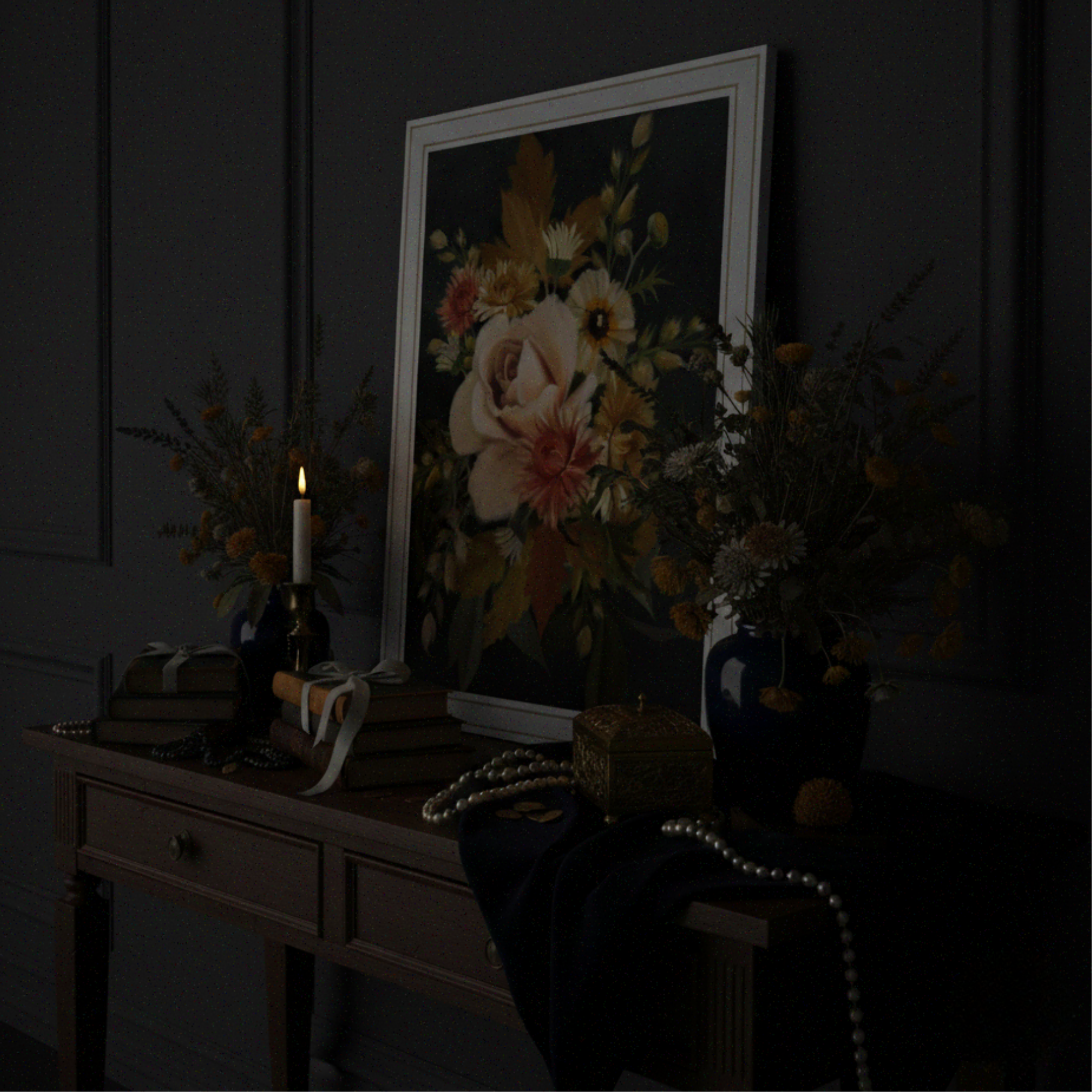 Floral artwork on a dark wall with decorative items on a table.