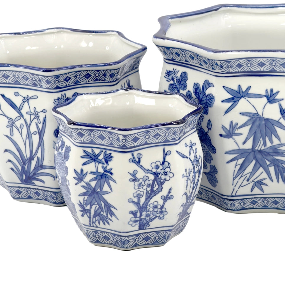 Set of 3 - 7.5"/10"/13" Ceramic Chinoiserie Planter Pot Set