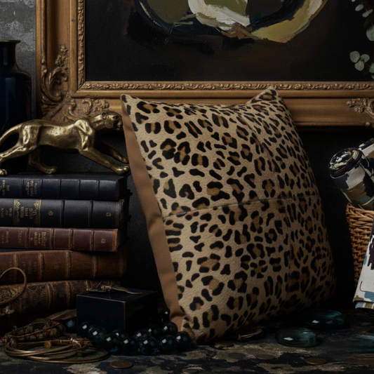 Leopard print pillow on a decorative surface with books and a framed picture in the background