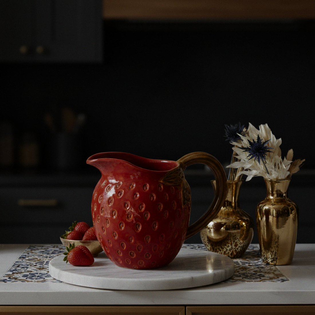 Red ceramic pitcher with strawberry pattern on a marble surface, with gold vases and strawberries in the background.